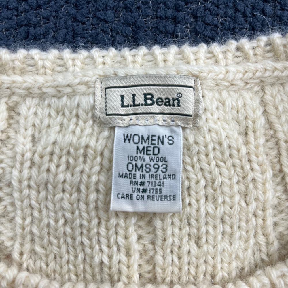 LL Bean Womens M Cream 100% Wool Cable Knit Fisherman Sweater Made in Ireland - Picture 3 of 5